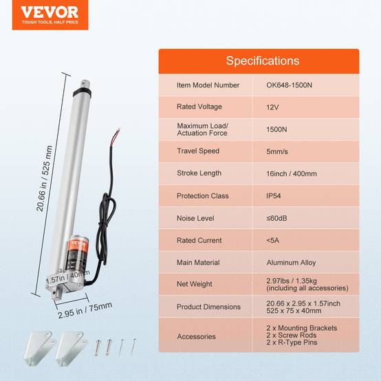VEVOR Actionneur linéaire 12V 400mm 1500N 5mm/s, IP54, pour meubles, automatisation, équipements mécaniques. - Image 7