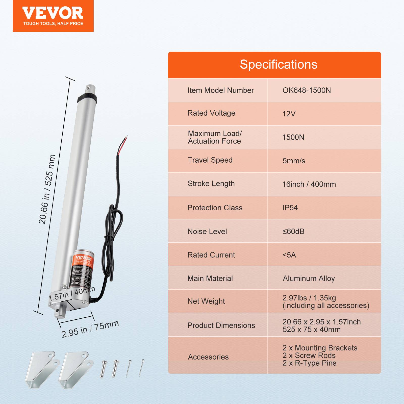 VEVOR Actionneur linéaire 12V 400mm 1500N 5mm/s, IP54, pour meubles, automatisation, équipements mécaniques. - Image 7