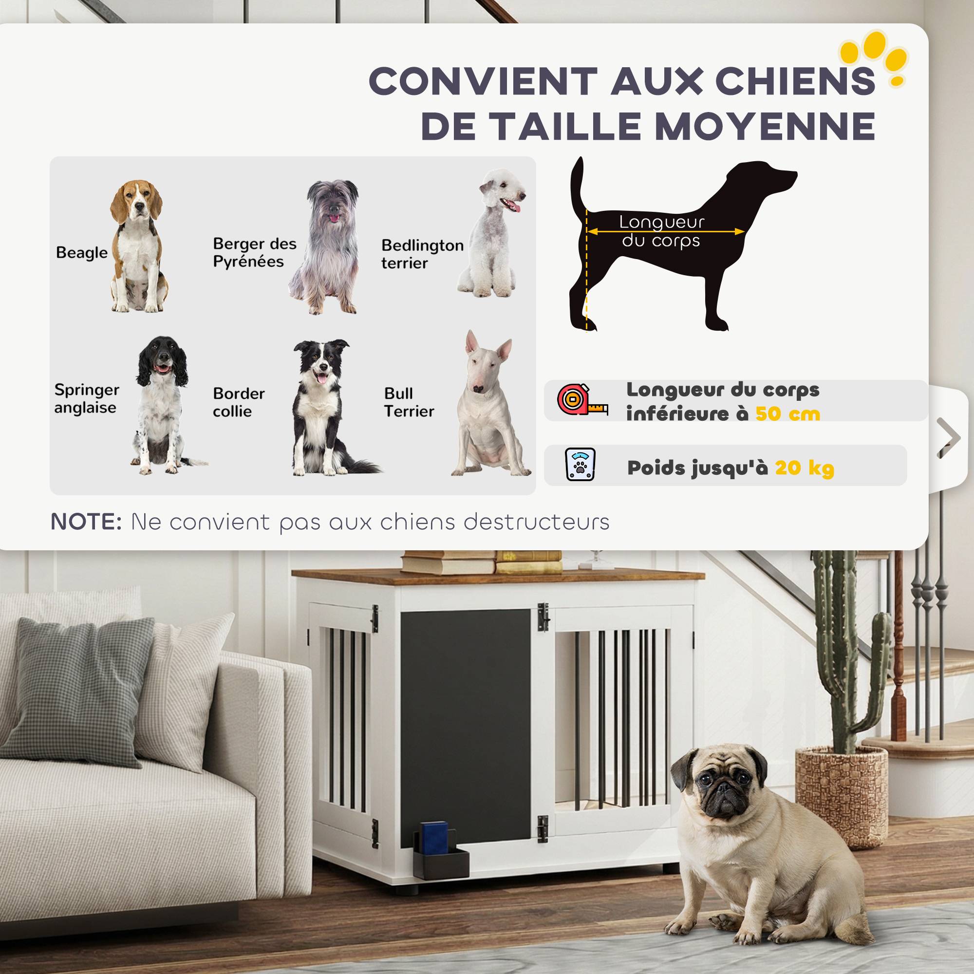 Sans Marque - Cage pour chien cage chien intérieur avec 2 portes tableau noir pour chiens taille moyenne 20 kg 80 x 60 x 70 cm blanc - Image 10