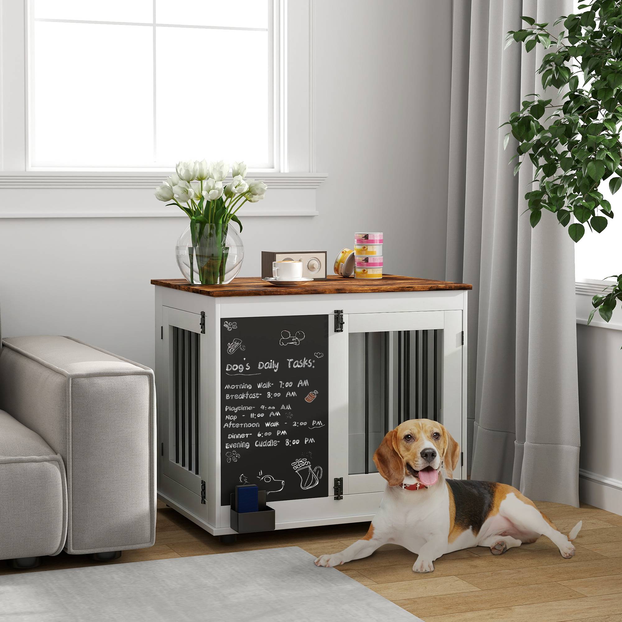 Sans Marque - Cage pour chien cage chien intérieur avec 2 portes tableau noir pour chiens taille moyenne 20 kg 80 x 60 x 70 cm blanc - Image 4