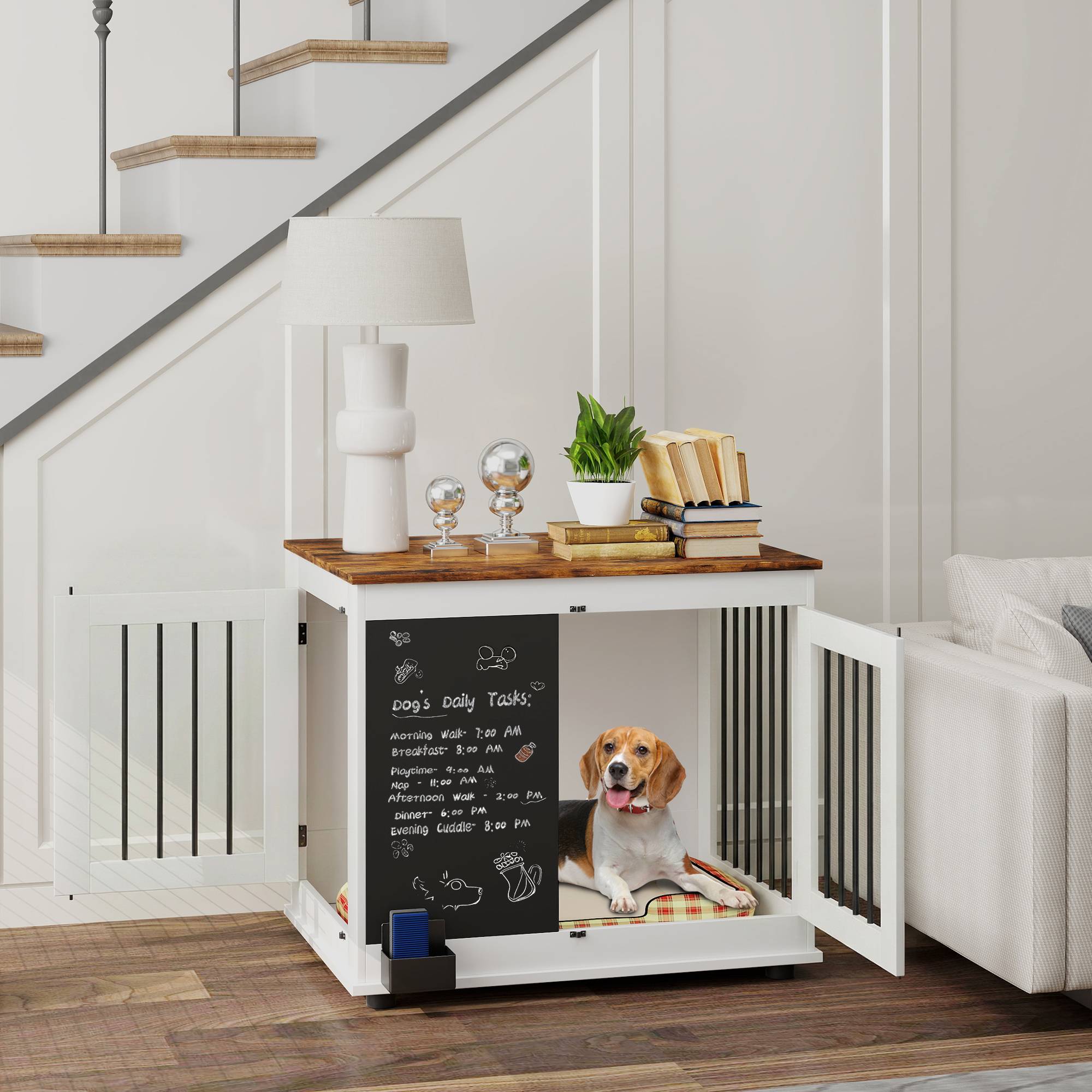 Sans Marque - Cage pour chien cage chien intérieur avec 2 portes tableau noir pour chiens taille moyenne 20 kg 80 x 60 x 70 cm blanc - Image 3