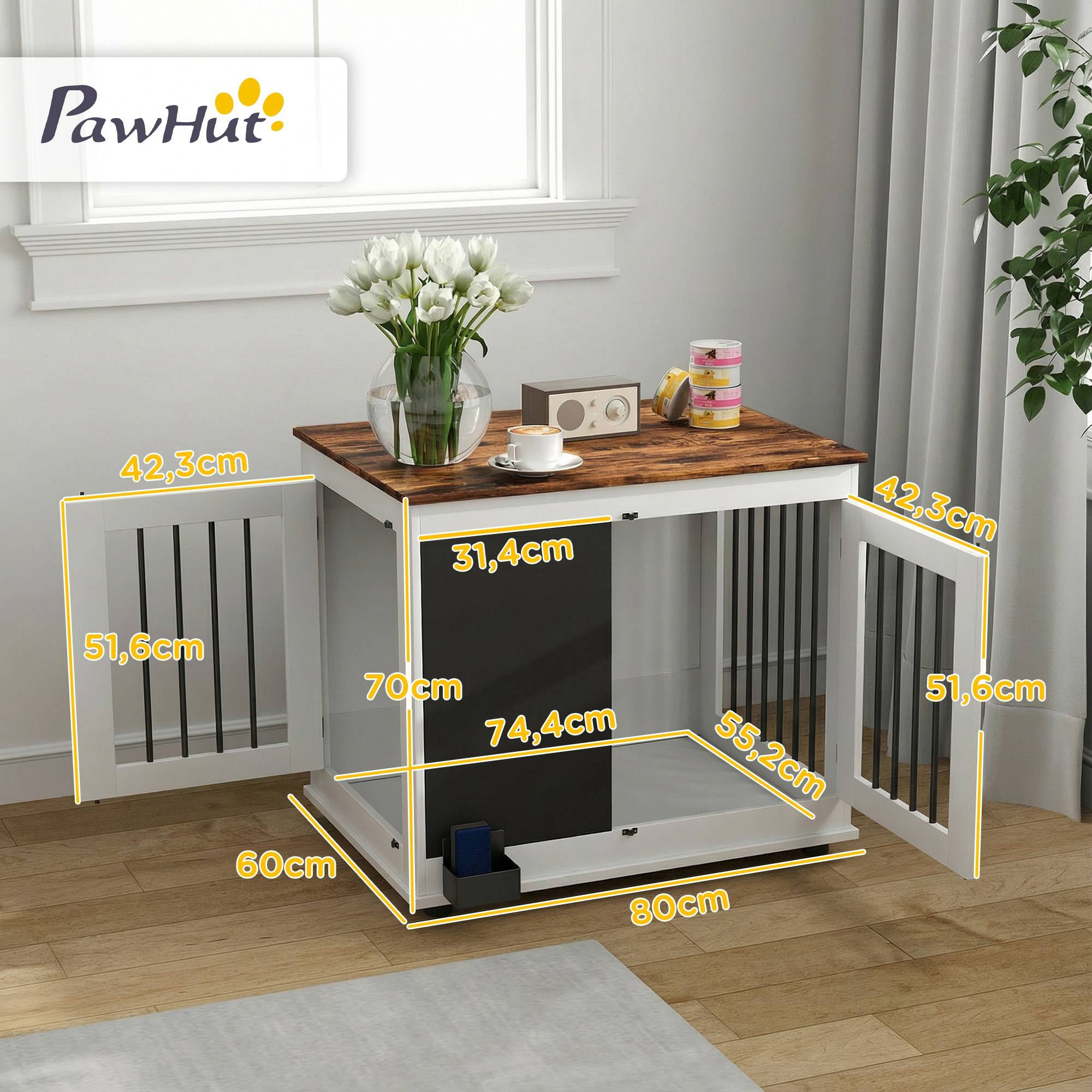 Sans Marque - Cage pour chien cage chien intérieur avec 2 portes tableau noir pour chiens taille moyenne 20 kg 80 x 60 x 70 cm blanc - Image 5