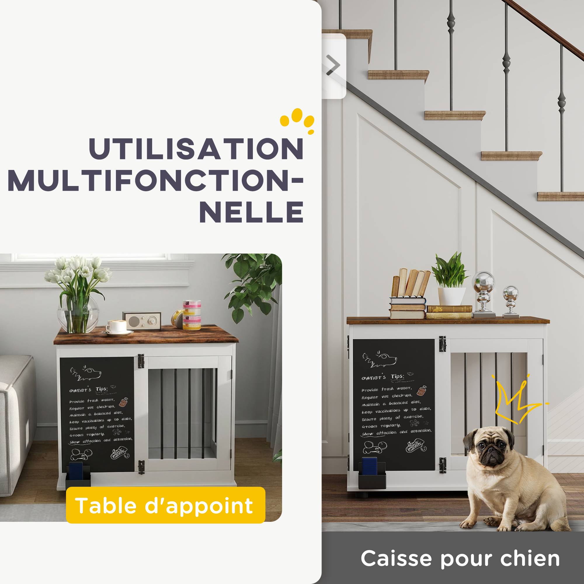 Sans Marque - Cage pour chien cage chien intérieur avec 2 portes tableau noir pour chiens taille moyenne 20 kg 80 x 60 x 70 cm blanc - Image 6