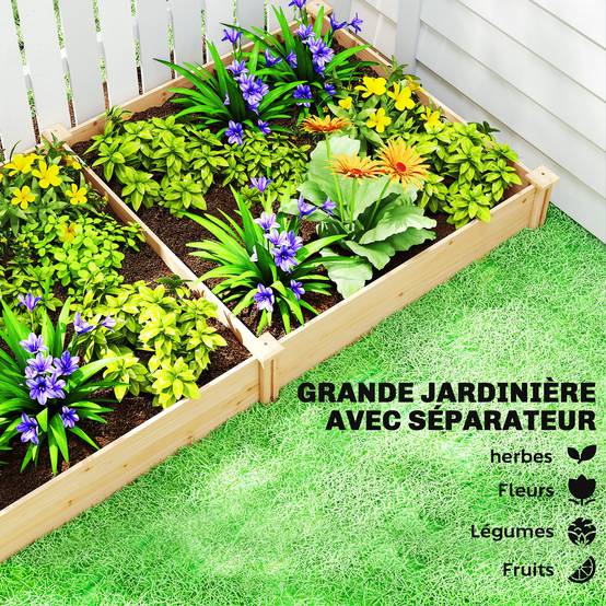 Sans Marque - Carré Potager de jardin en Bois massif, Jardinière Surélevé avec séparateur, 235 x 121 x 26 cm, effet Bois Naturel - Image 6