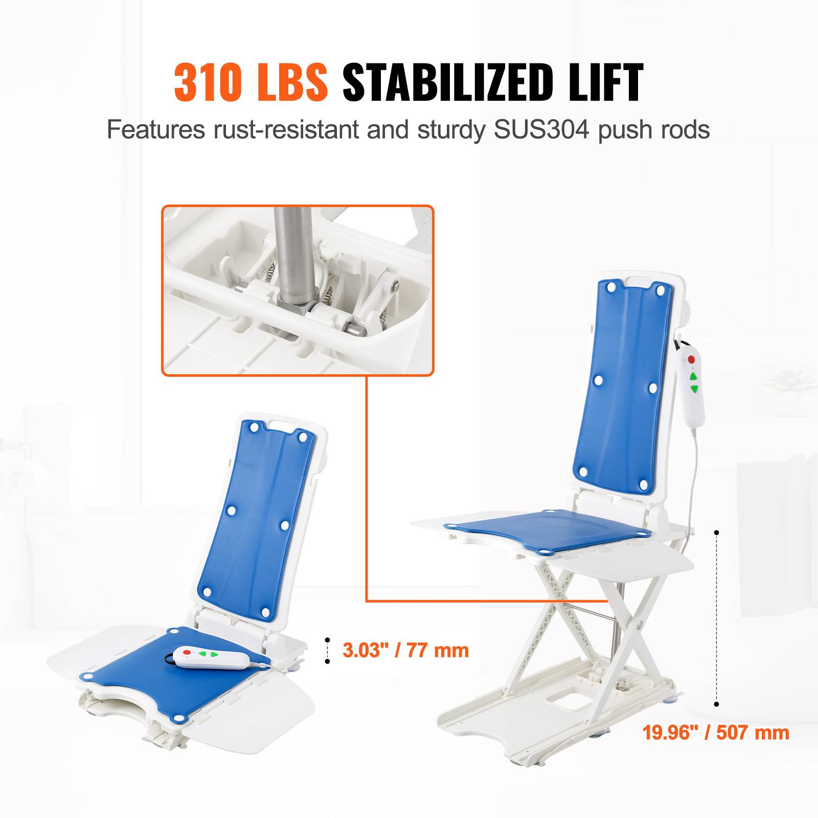 VEVOR Élévateur de bain électrique, 77-507 mm, supporte 140,6 kg, inclinaison 45°, pour personnes âgées/patients. - Image 3