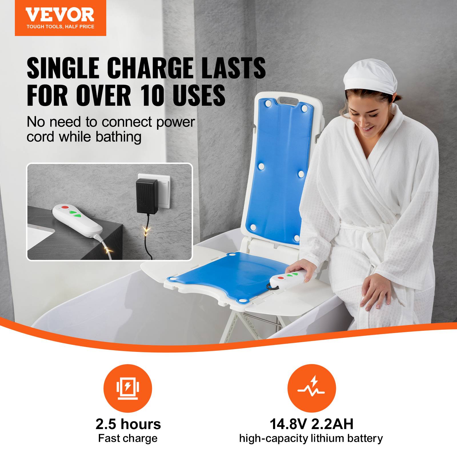 VEVOR Élévateur de bain électrique, 77-507 mm, supporte 140,6 kg, inclinaison 45°, pour personnes âgées/patients. - Image 2