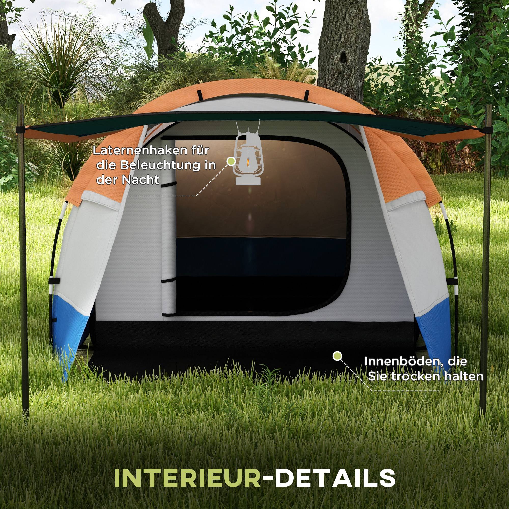 Sans Marque - Tente camping 2 pers., crochet lampe, 3 entrées, imperméable, orange - Image 8
