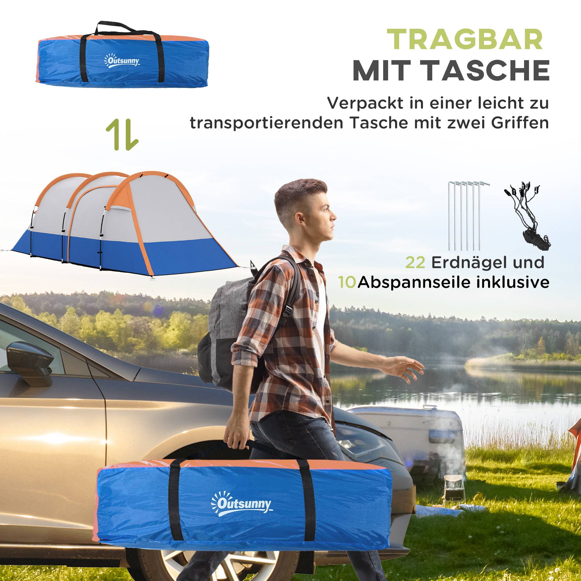 Sans Marque - Tente camping 2 pers., crochet lampe, 3 entrées, imperméable, orange - Image 9