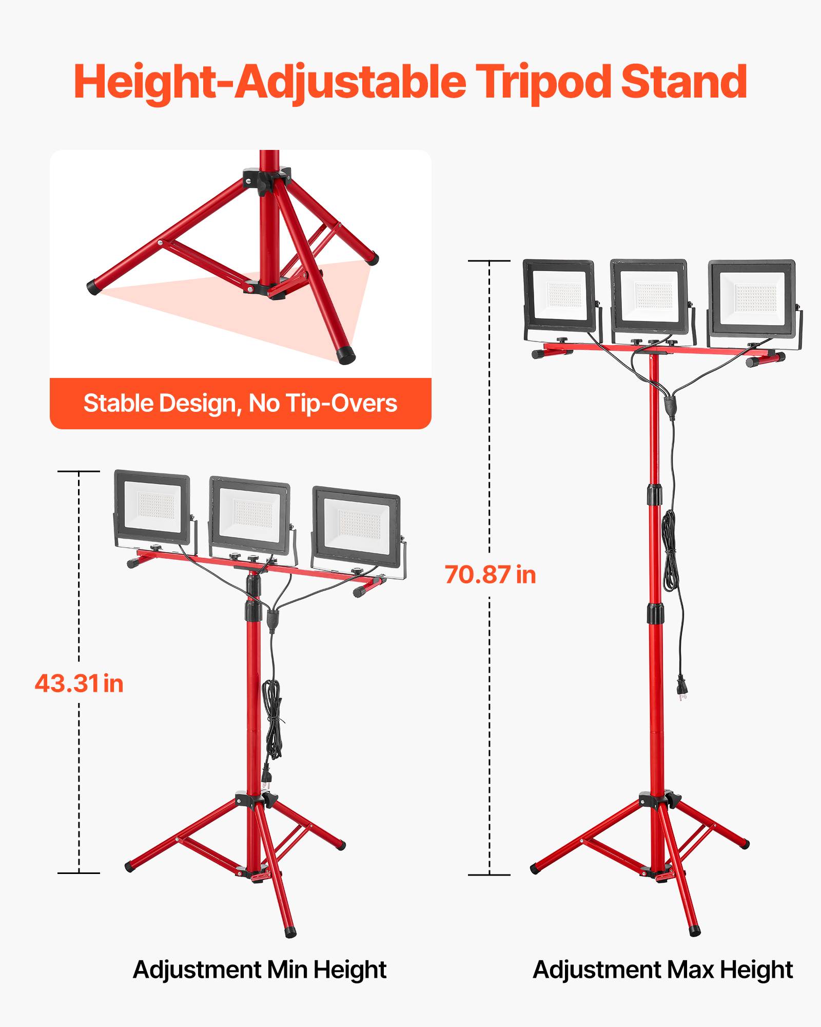 VEVOR Projecteur LED sur trépied lampe travail portable à trois têtes 15000 LM - Image 4