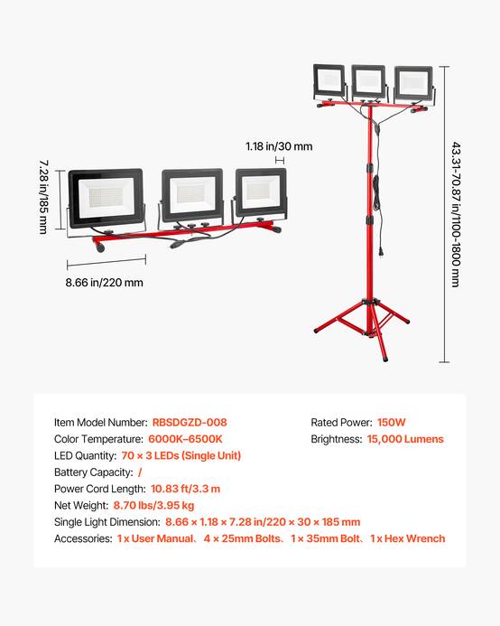 VEVOR Projecteur LED sur trépied lampe travail portable à trois têtes 15000 LM - Image 7
