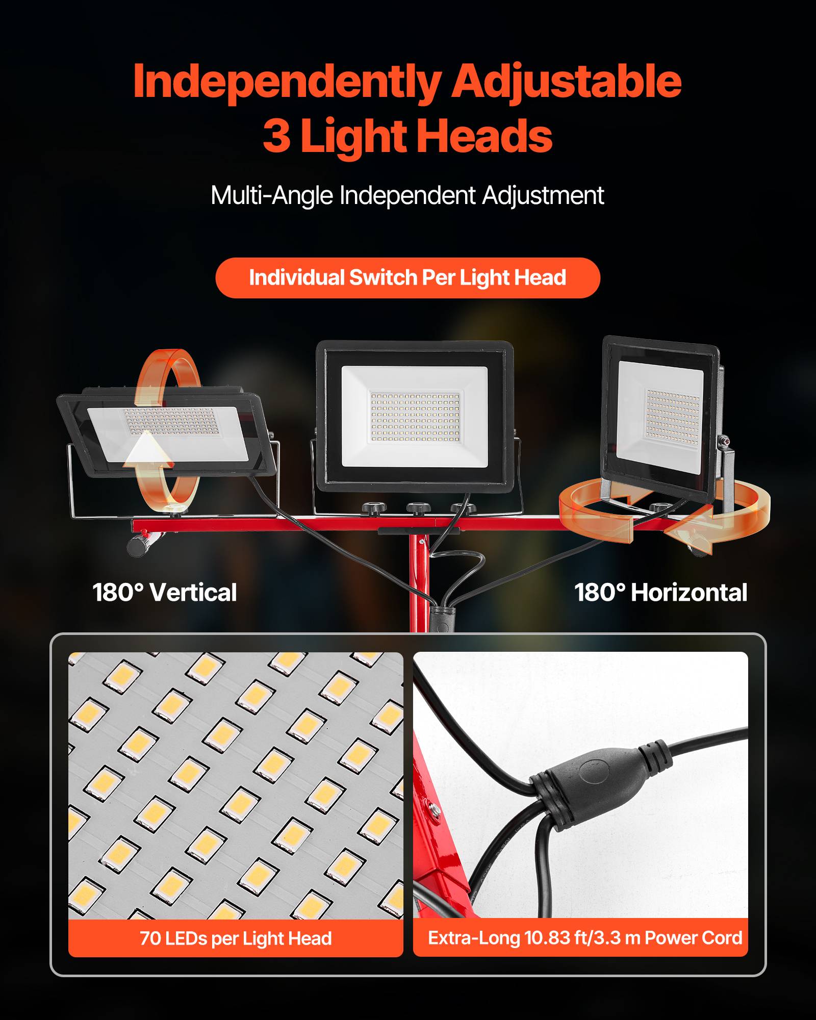 VEVOR Projecteur LED sur trépied lampe travail portable à trois têtes 15000 LM - Image 3