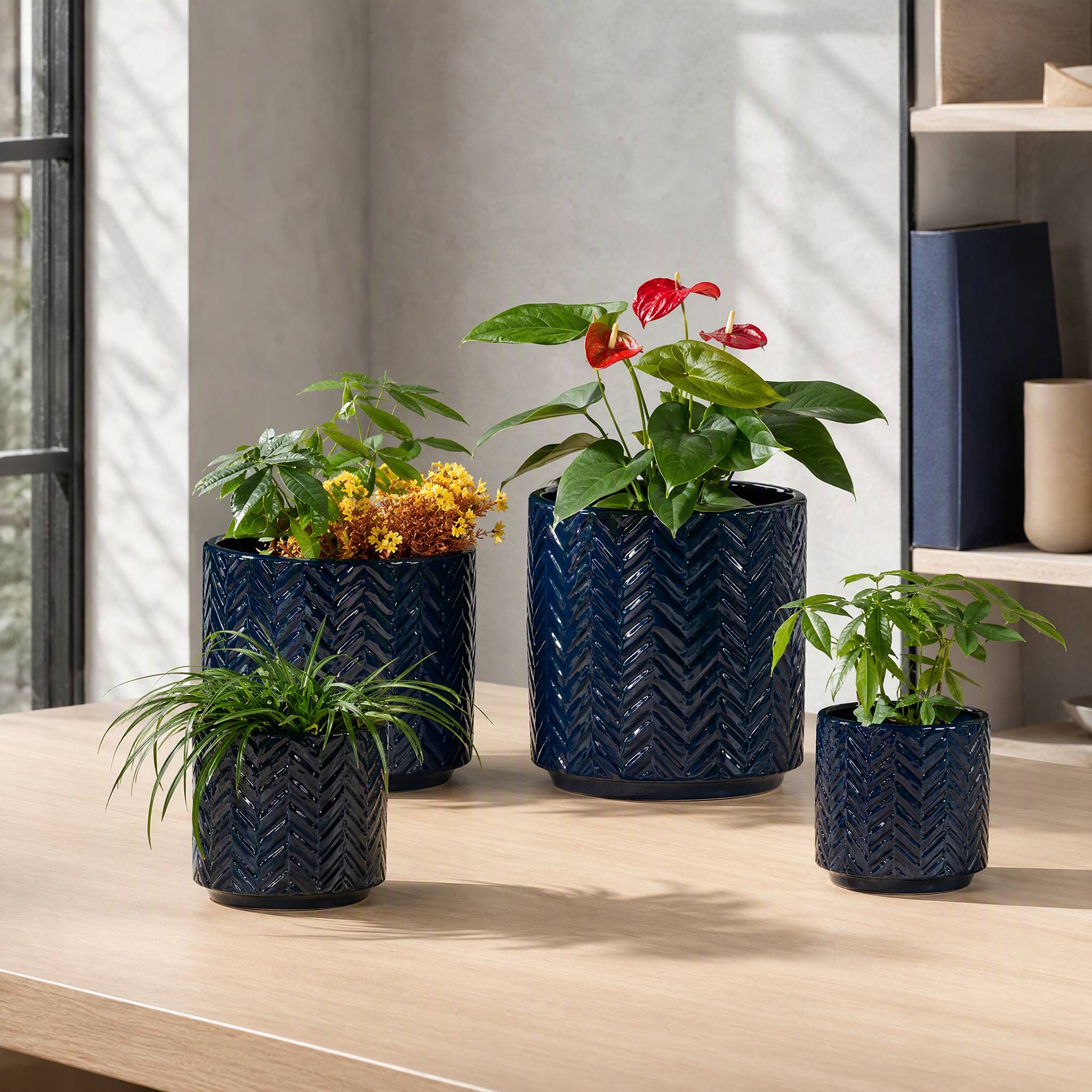 ComfortXL - Lot de 4 pots de fleurs en céramique bleu marine jusqu’à Ø38 cm intérieur extérieur avec drainage et relief - Image 7
