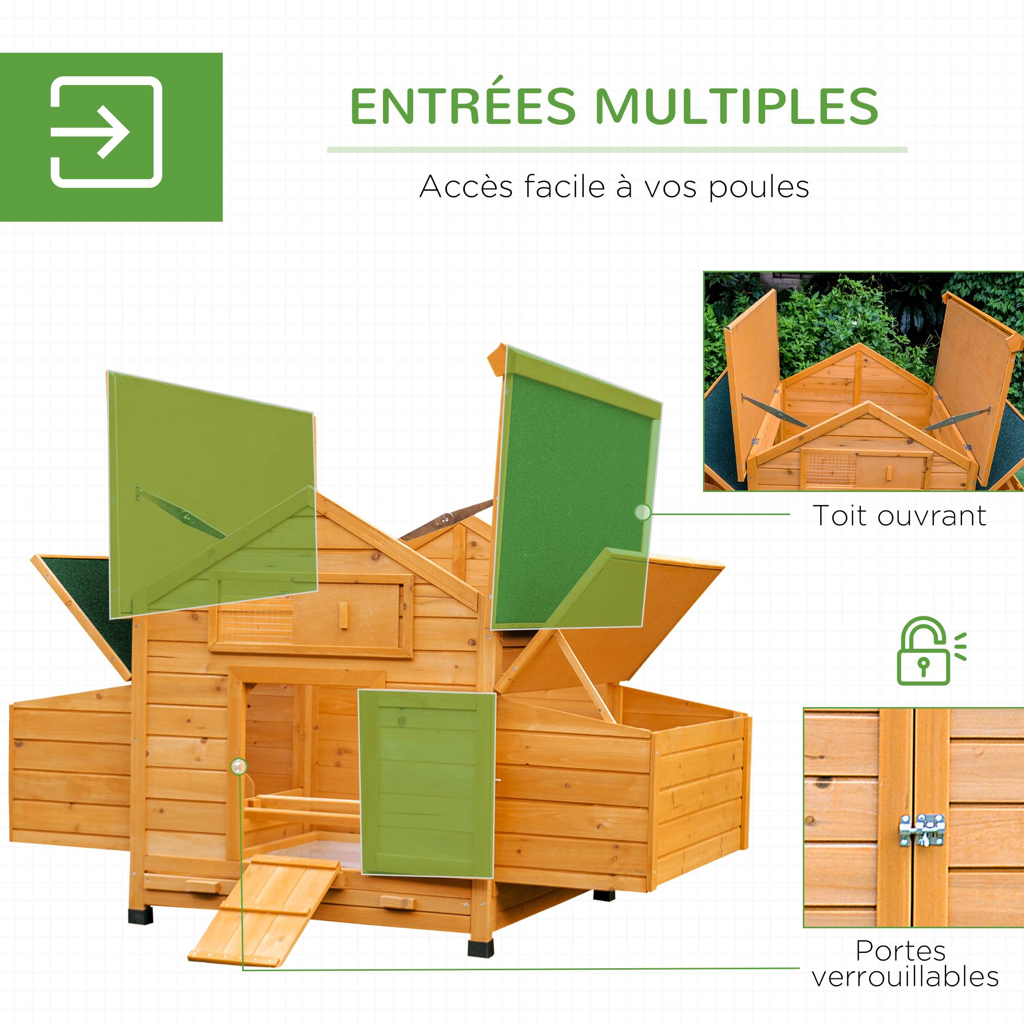Poulailler en bois accueillant 4 poules, cage à poules avec pondoir, toit imperméable ouvrable, tiroir amovible, jaune - Image 7