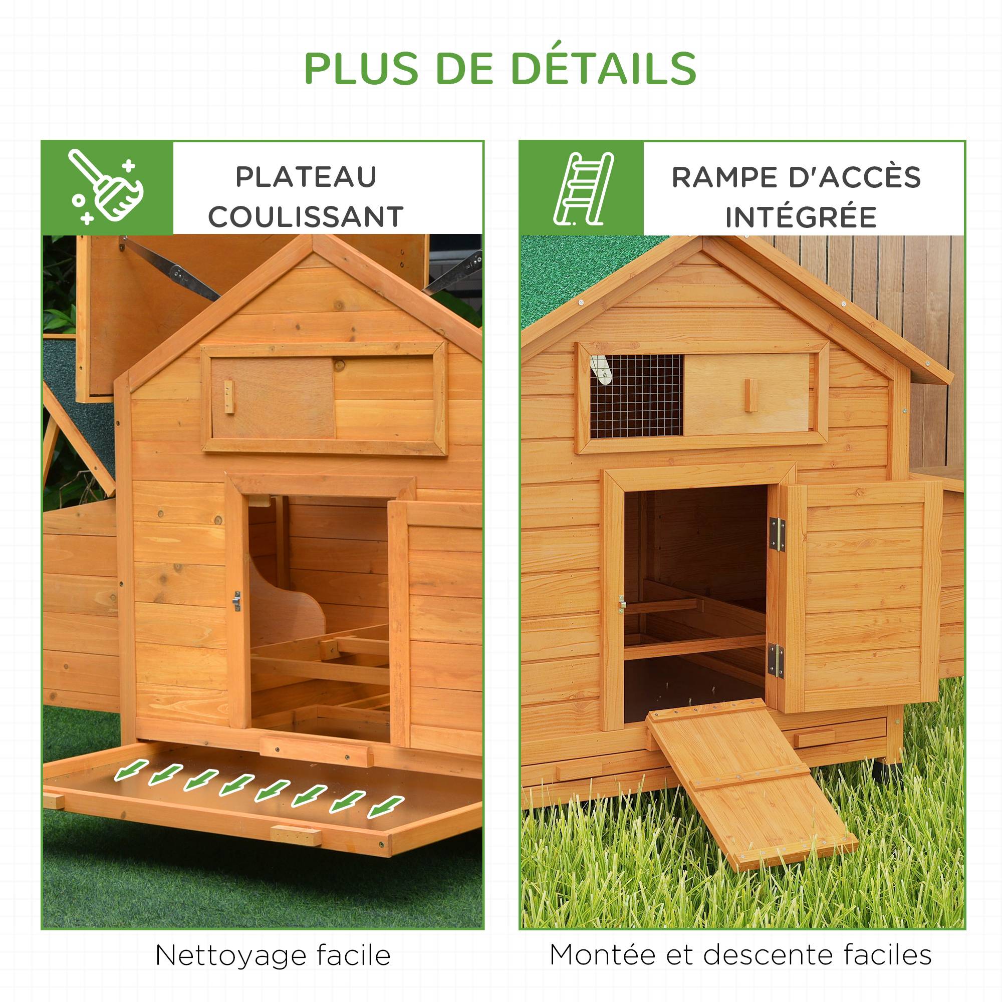 Poulailler en bois accueillant 4 poules, cage à poules avec pondoir, toit imperméable ouvrable, tiroir amovible, jaune - Image 9
