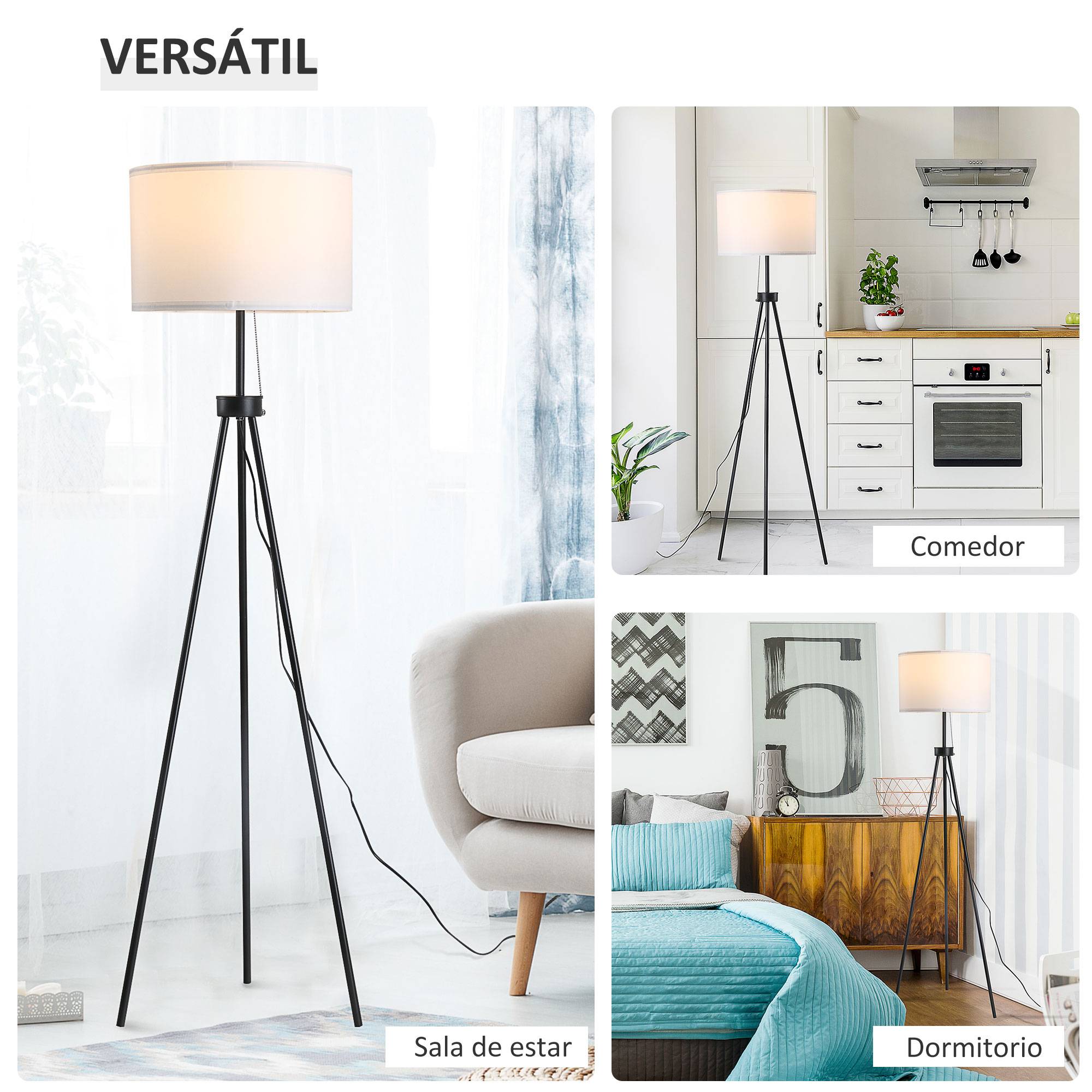 Lampadaire trépied métallique abat-jour tissu design classique Ø37 × 152 cm maison et bureau - Image 7