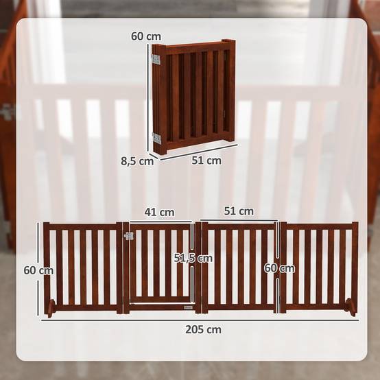 Barrière de sécurité pour chiens pour escaliers et portes, pliable avec support autoportant, 205 x 30 x 60 cm, marron - Image 5