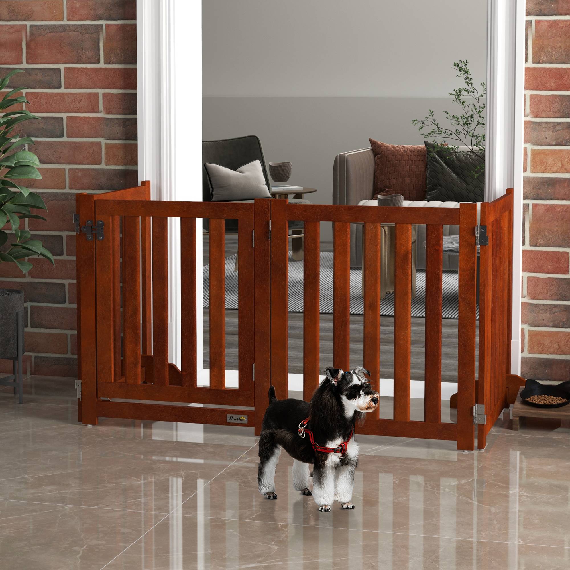 Barrière de sécurité pour chiens pour escaliers et portes, pliable avec support autoportant, 205 x 30 x 60 cm, marron - Image 3