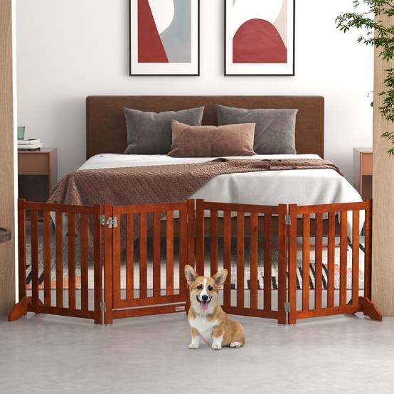 Barrière de sécurité pour chiens pour escaliers et portes, pliable avec support autoportant, 205 x 30 x 60 cm, marron - Image 4