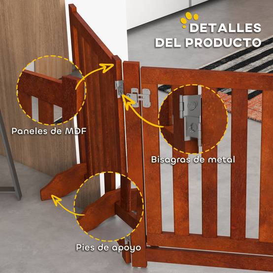 Barrière de sécurité pour chiens pour escaliers et portes, pliable avec support autoportant, 205 x 30 x 60 cm, marron - Image 9