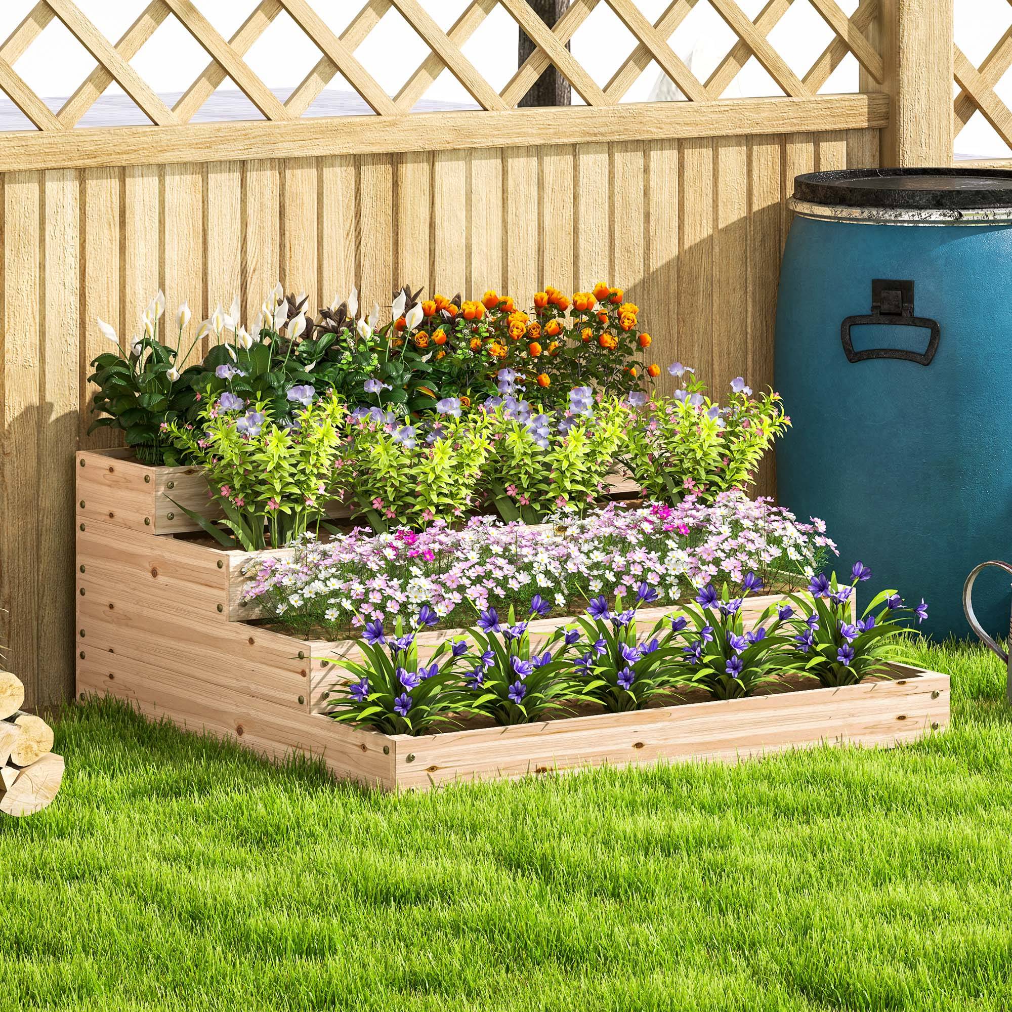 Sans Marque - Carré potager de jardin sans fond 4 étages pour herbes légumes fruits fleurs 113 x 113 x 46 cm bois naturel - Image 3