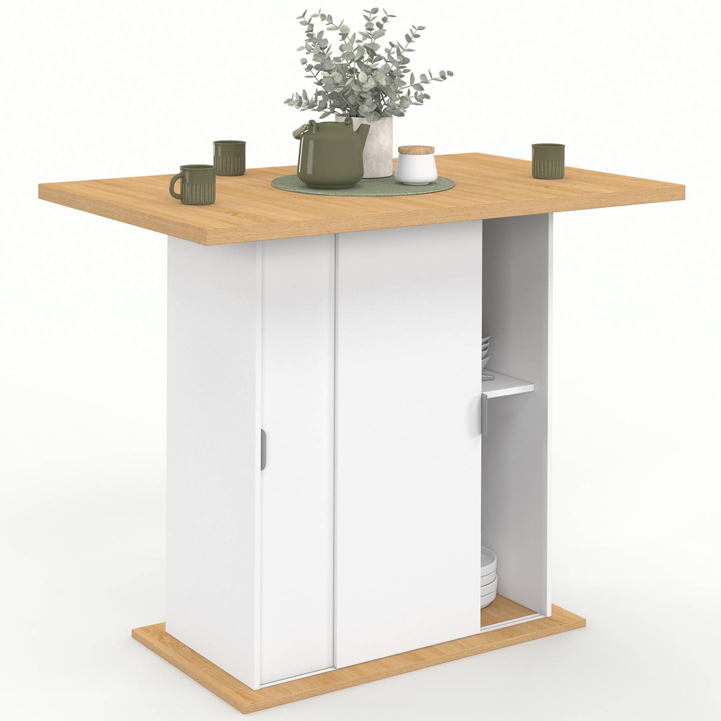 IDMARKET - Ilot central 4 personnes PAXTON 110 cm pied central avec rangement bois blanc avec plan de travail façon hêtre - Image 2