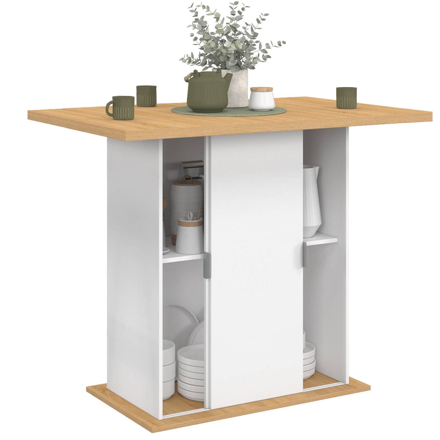 IDMARKET - Ilot central 4 personnes PAXTON 110 cm pied central avec rangement bois blanc avec plan de travail façon hêtre - Image 4