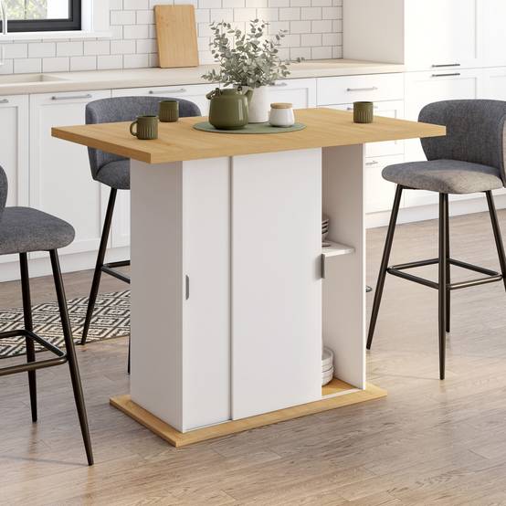 IDMARKET - Ilot central 4 personnes PAXTON 110 cm pied central avec rangement bois blanc avec plan de travail façon hêtre - Image 1