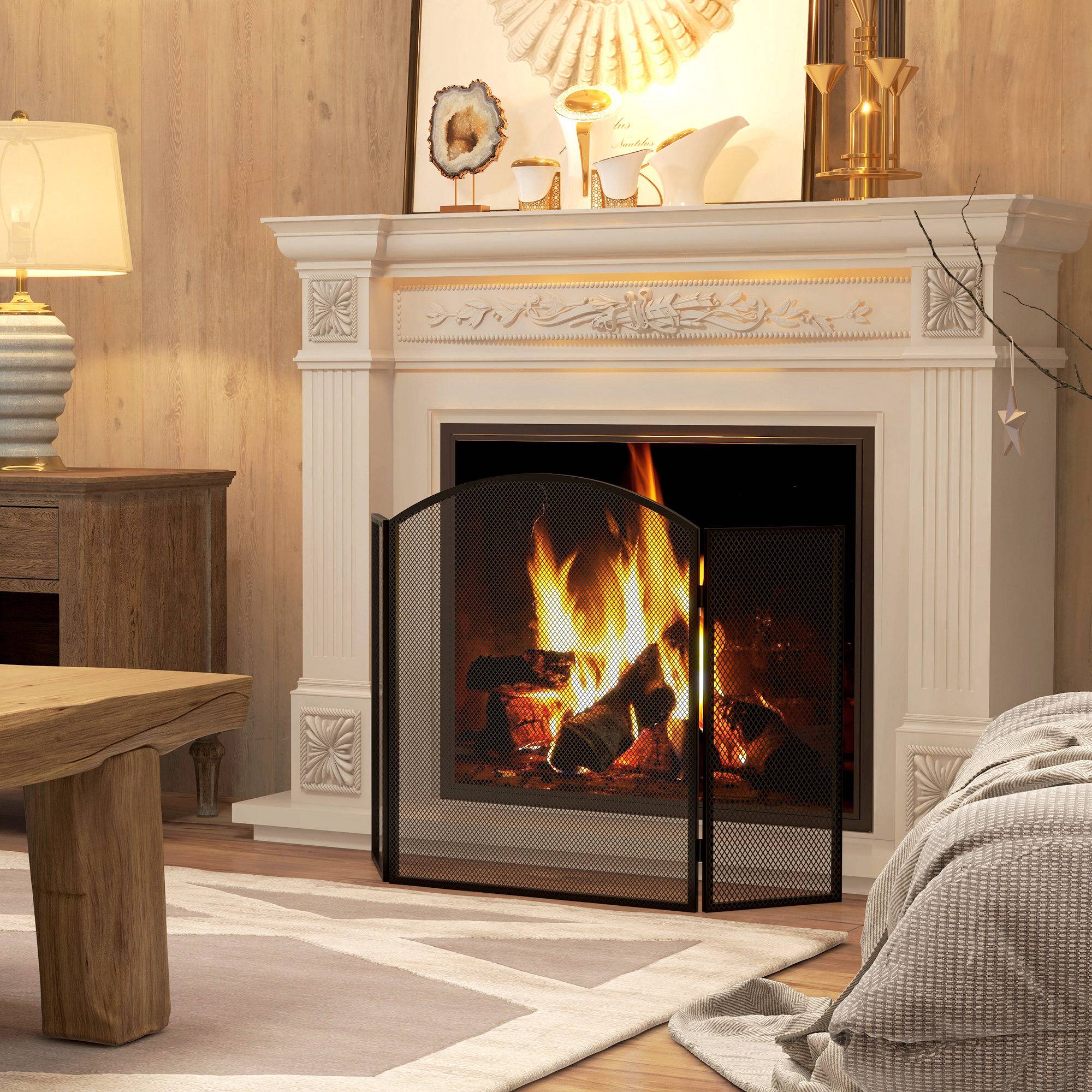 Pare-feu pliable à 3 panneaux avec cadre en acier 96 x 62 cm noir - Image 3
