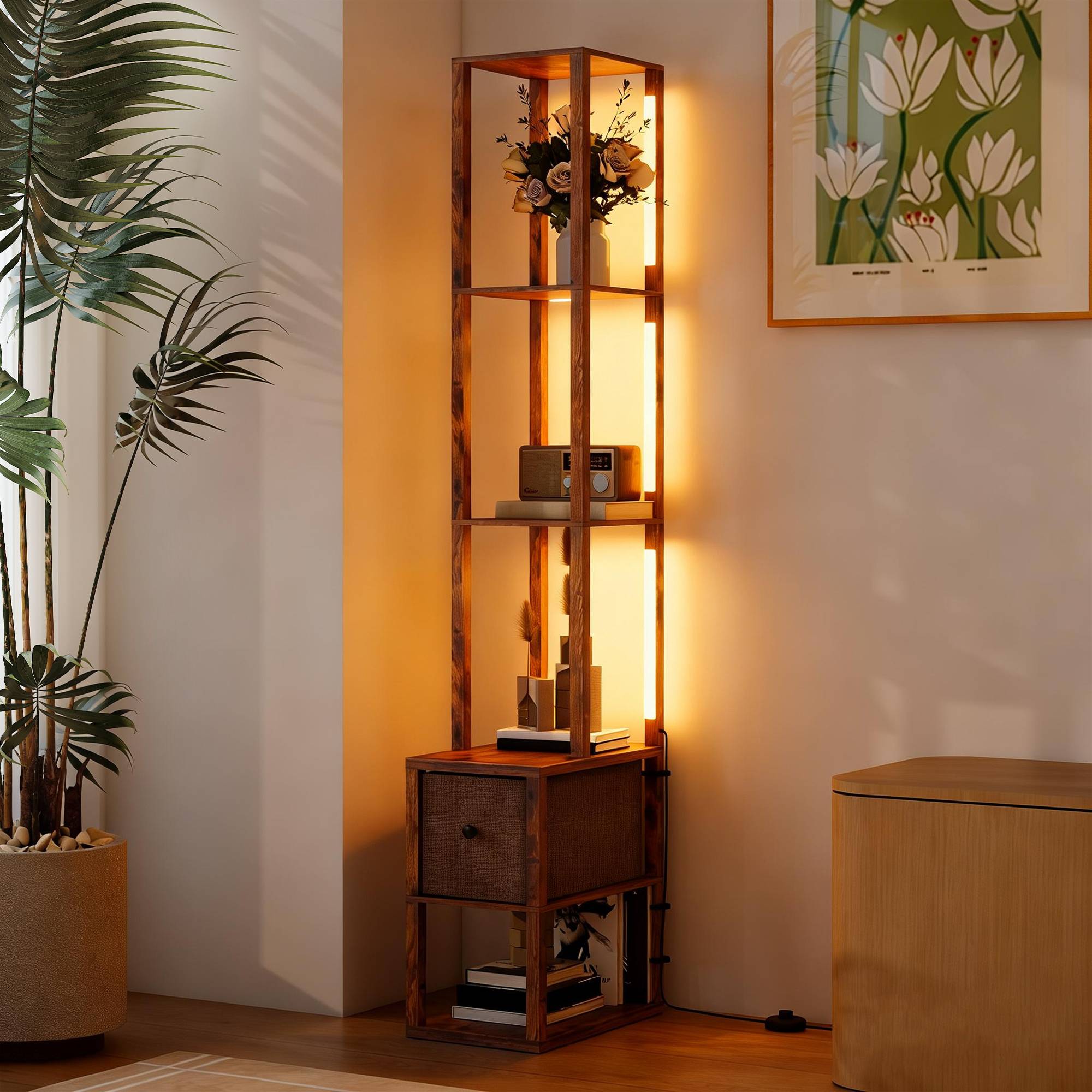 Lampadaire LED avec étagères, luminosité réglable, interrupteur au pied pour chambre, marron rustique - Image 10