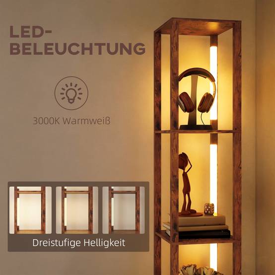Lampadaire LED avec étagères, luminosité réglable, interrupteur au pied pour chambre, marron rustique - Image 7