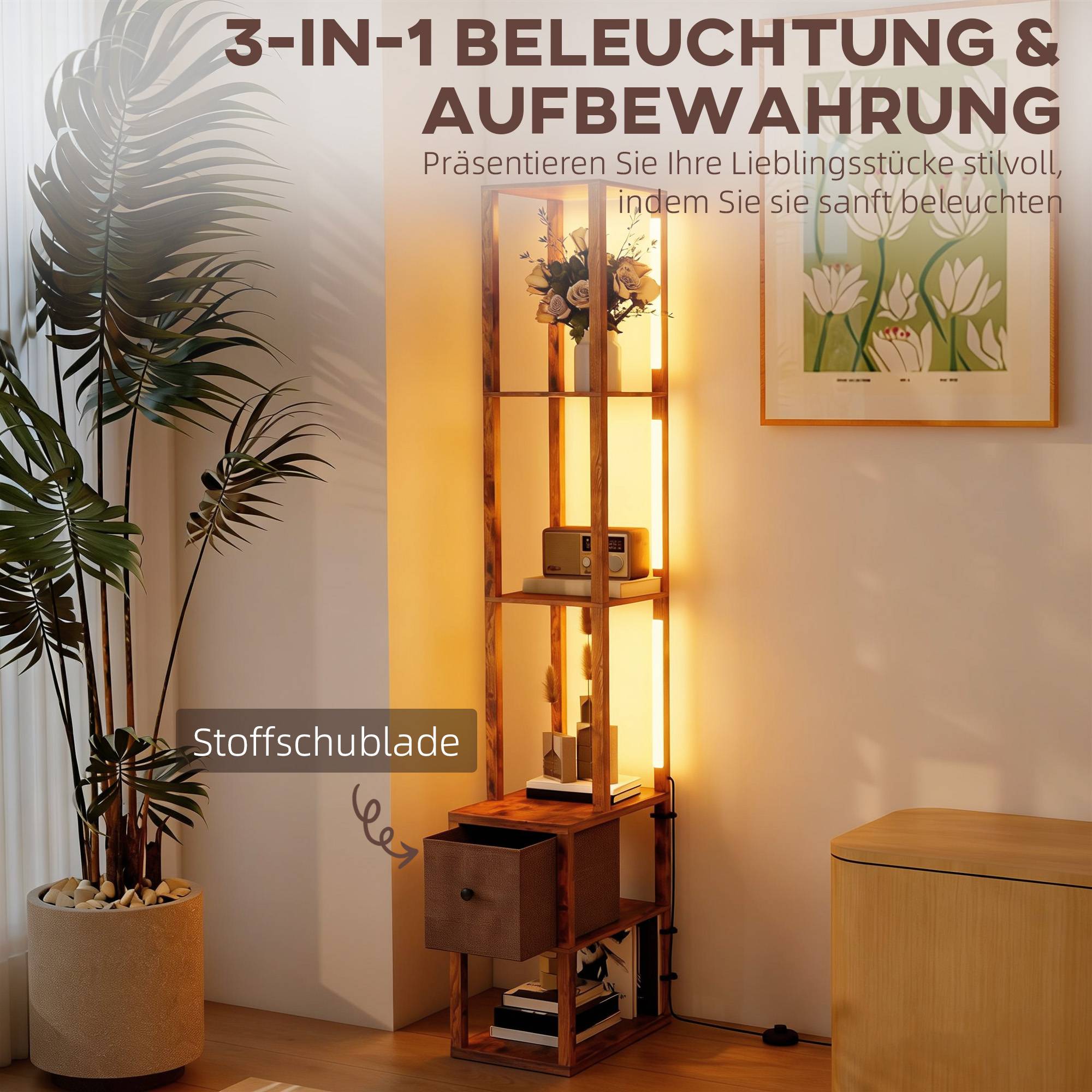 Lampadaire LED avec étagères, luminosité réglable, interrupteur au pied pour chambre, marron rustique - Image 6