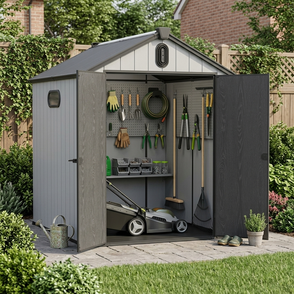 ComfortXL - Abri de jardin en résine pour outils et tondeuse double paroi 187 x 240 x 221 cm gris blanc - ComfortXL Outdoor Living - Image 2