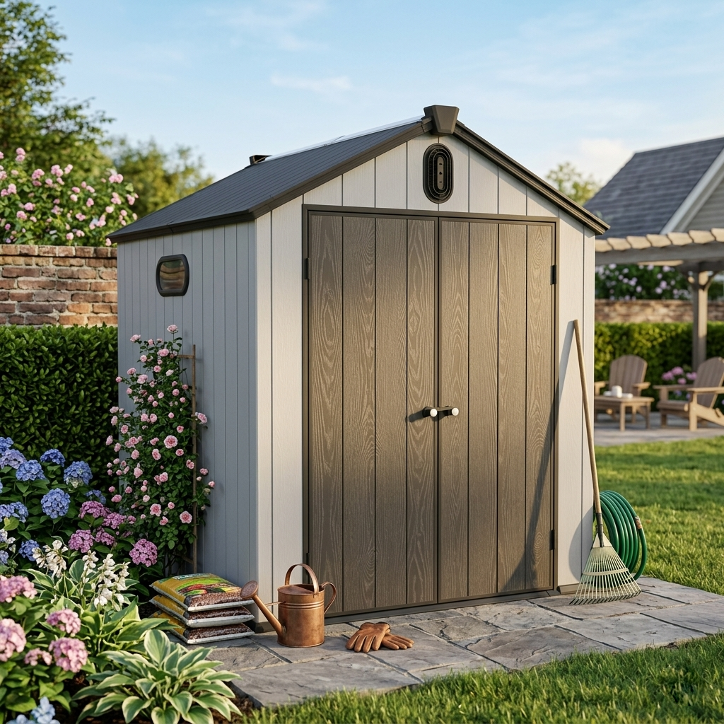 ComfortXL - Abri de jardin en résine pour outils et tondeuse double paroi 187 x 240 x 221 cm gris blanc - ComfortXL Outdoor Living - Image 3