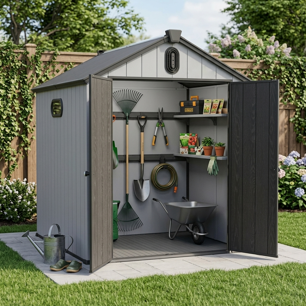 ComfortXL - Abri de jardin en résine pour outils et tondeuse double paroi 187 x 240 x 221 cm gris blanc - ComfortXL Outdoor Living - Image 1