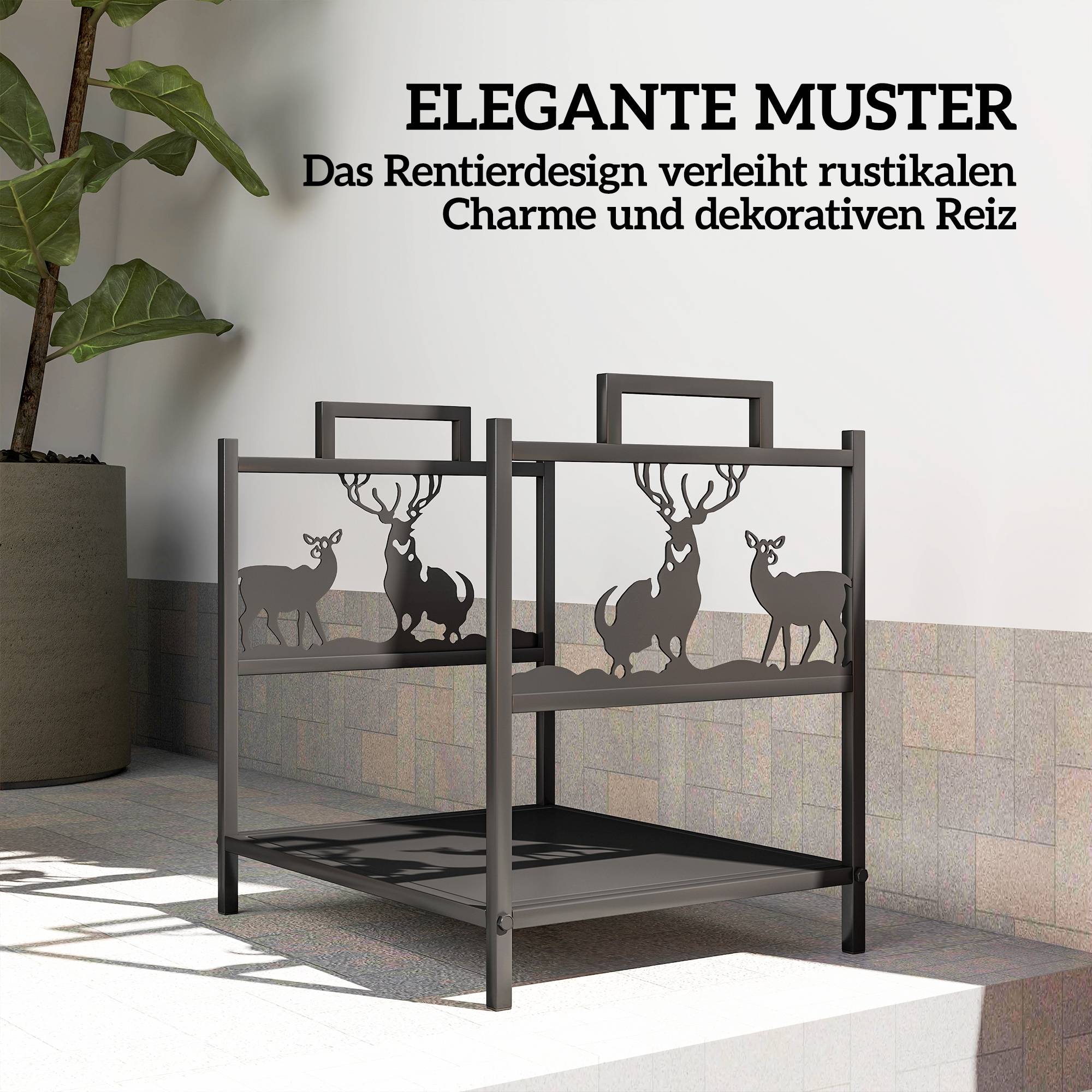 ComfortXL - Porte-bûches métal noir 42,5 x 33,5 x 43 cm intérieur extérieur motif renne rangement bois pour cheminée - Image 6