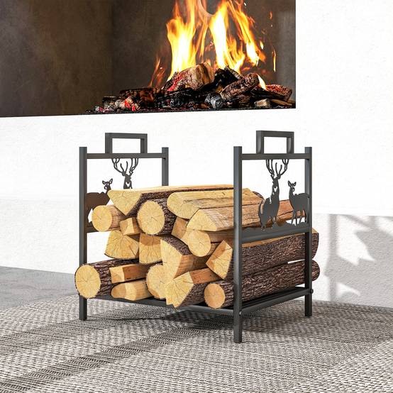ComfortXL - Porte-bûches métal noir 42,5 x 33,5 x 43 cm intérieur extérieur motif renne rangement bois pour cheminée - Image 7