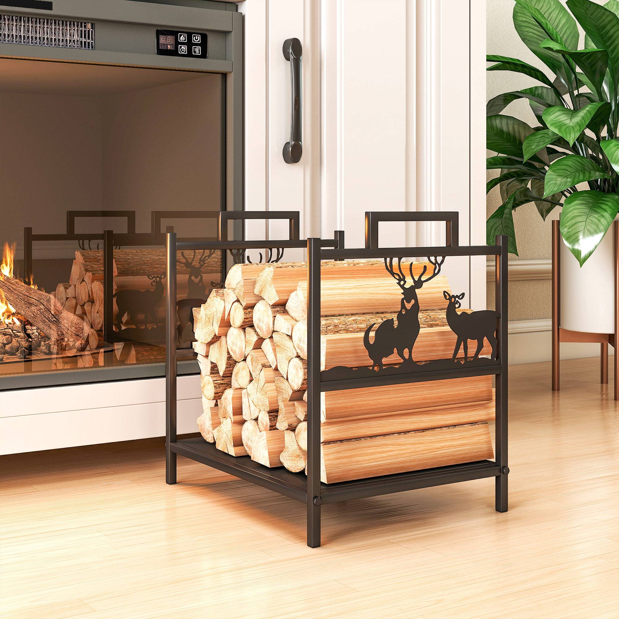 ComfortXL - Porte-bûches métal noir 42,5 x 33,5 x 43 cm intérieur extérieur motif renne rangement bois pour cheminée - Image 9
