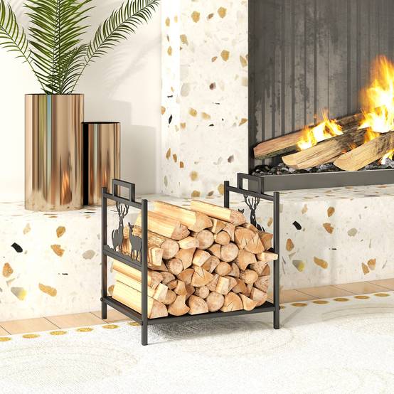 ComfortXL - Porte-bûches métal noir 42,5 x 33,5 x 43 cm intérieur extérieur motif renne rangement bois pour cheminée - Image 1