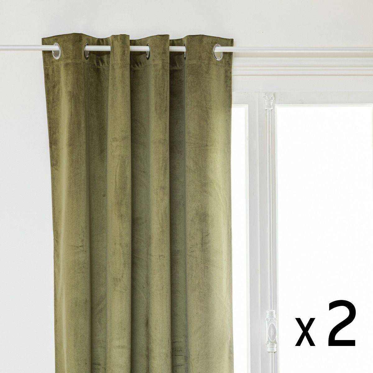 Atmosphera - Lot de 2 Rideaux à œillets Occultant Velours Vert Kaki 140 x 260 cm - Image 1