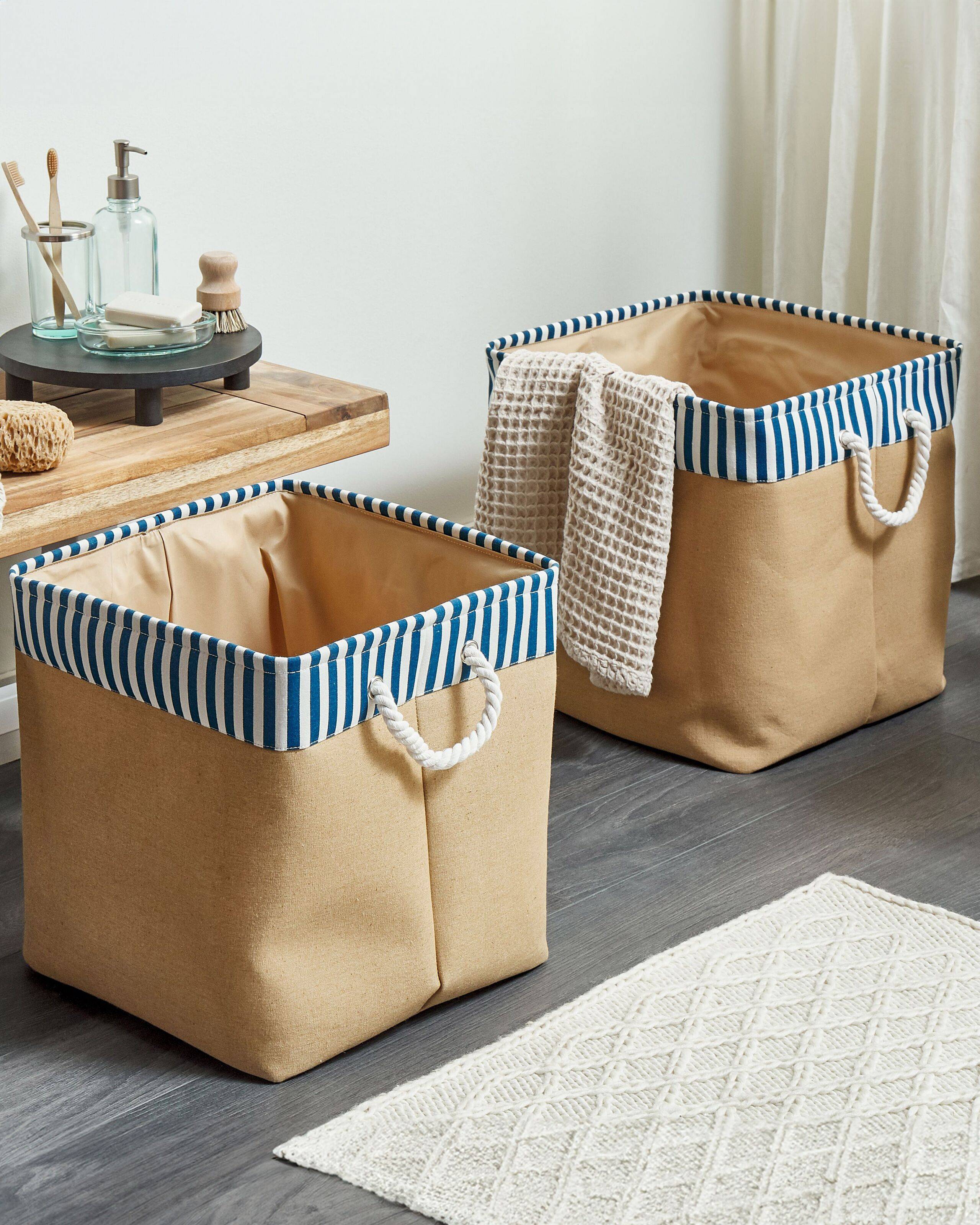 Lot de 2 Paniers de Rangement en Tissu Polyester Beige et Motif Marin avec Poignées en Corde Rangement Organisation Salon Chambre Traditionnel - Image 2