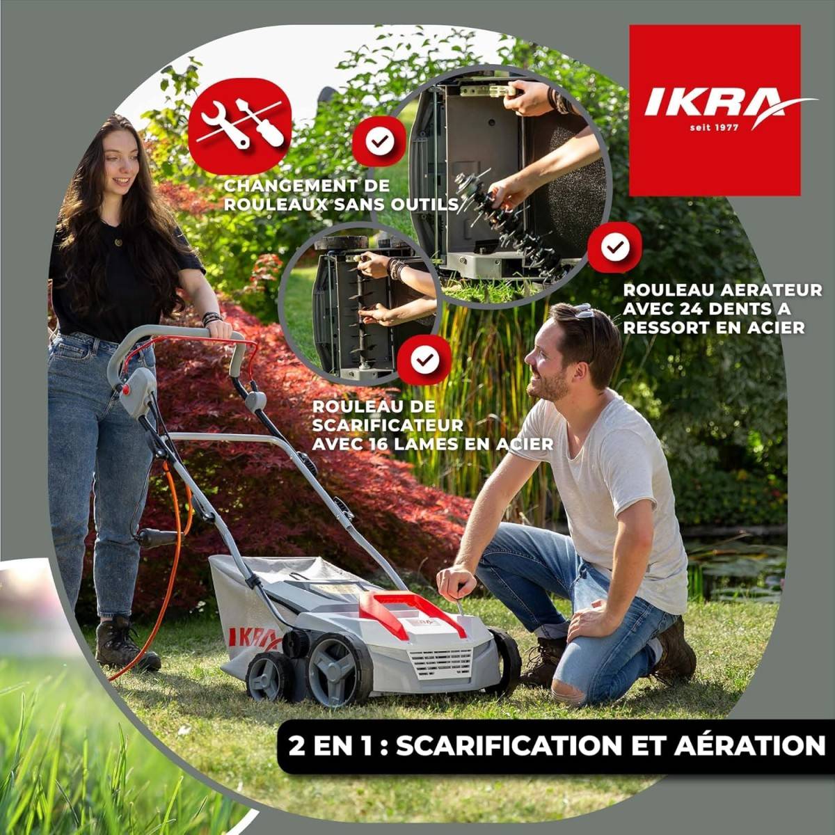 Scarificateur Démousseur électrique 1800W Profondeur de travail 23cm Bac à herbe 40L Aérateur de pelouse Entretien gazon IKRA - Image 5