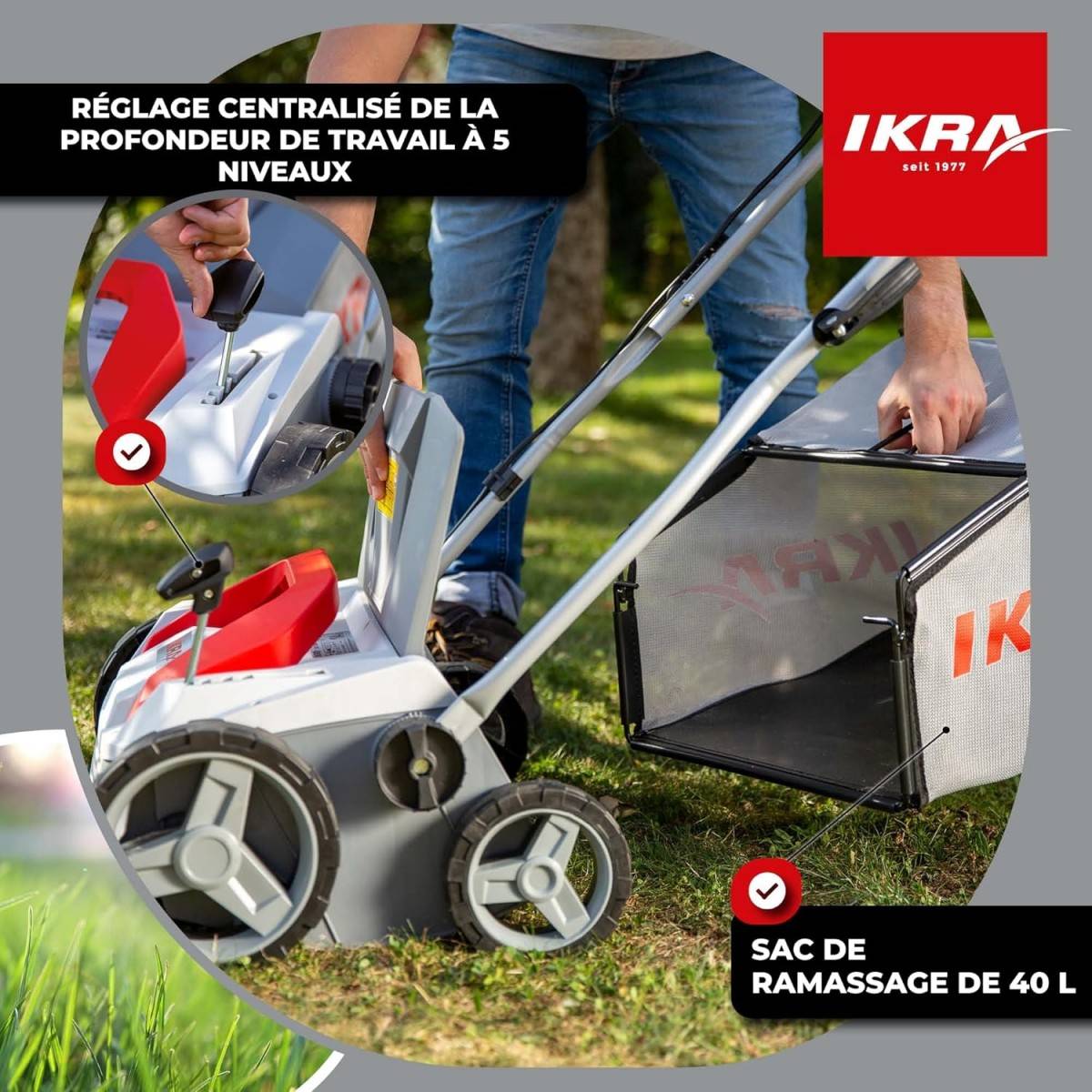 Scarificateur Démousseur électrique 1800W Profondeur de travail 23cm Bac à herbe 40L Aérateur de pelouse Entretien gazon IKRA - Image 3
