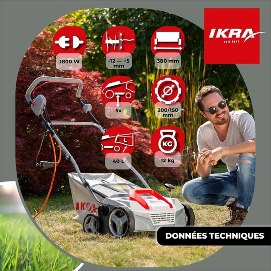 Scarificateur Démousseur électrique 1800W Profondeur de travail 23cm Bac à herbe 40L Aérateur de pelouse Entretien gazon IKRA - Image 4