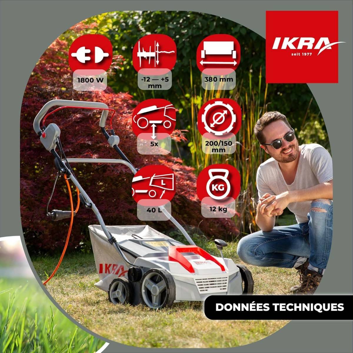 Scarificateur Démousseur électrique 1800W Profondeur de travail 23cm Bac à herbe 40L Aérateur de pelouse Entretien gazon IKRA - Image 4