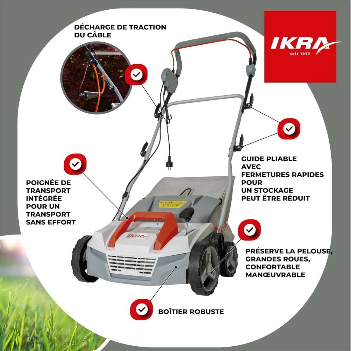 Scarificateur Démousseur électrique 1800W Profondeur de travail 23cm Bac à herbe 40L Aérateur de pelouse Entretien gazon IKRA - Image 2