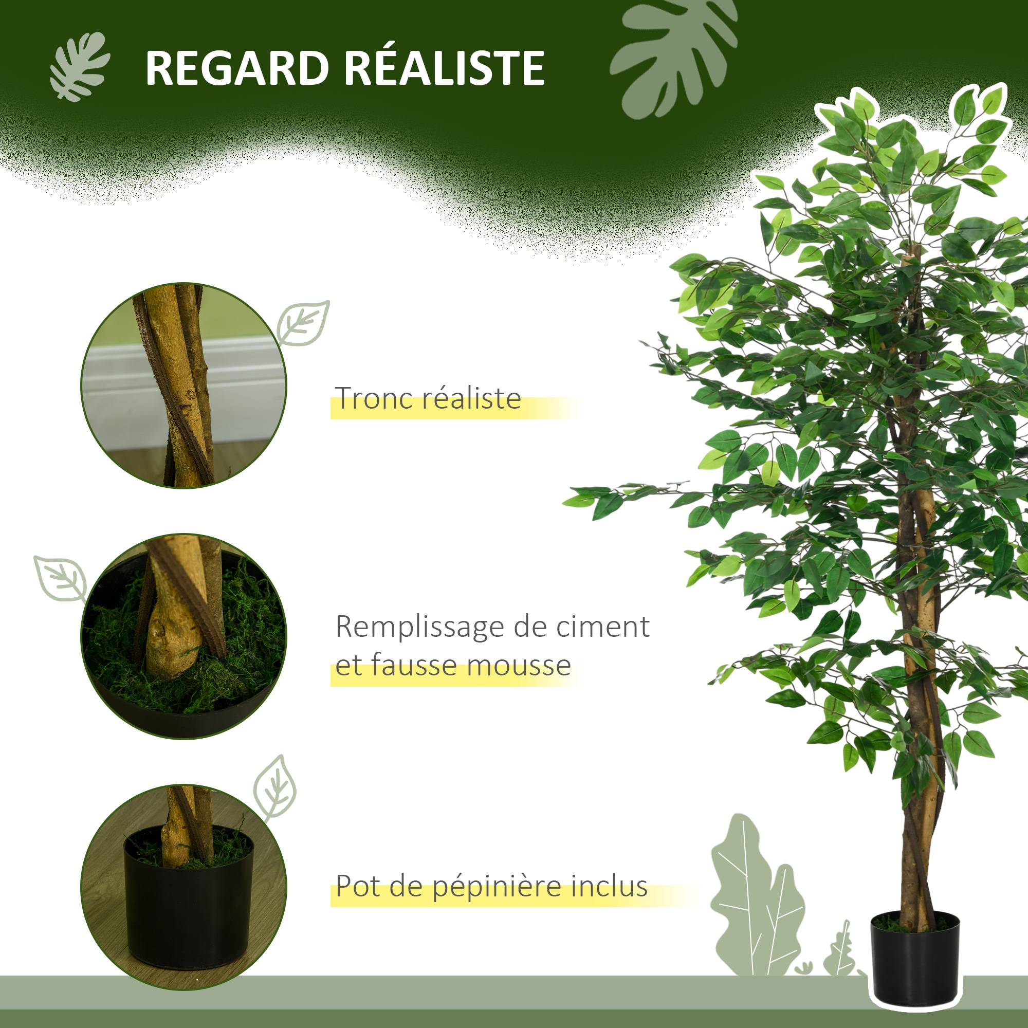 Plante Artificielle Ficus Plastique PEVA Déco Intérieur Tronc Réaliste 150cm Vert - ComfortXL Outdoor Living - Image 6