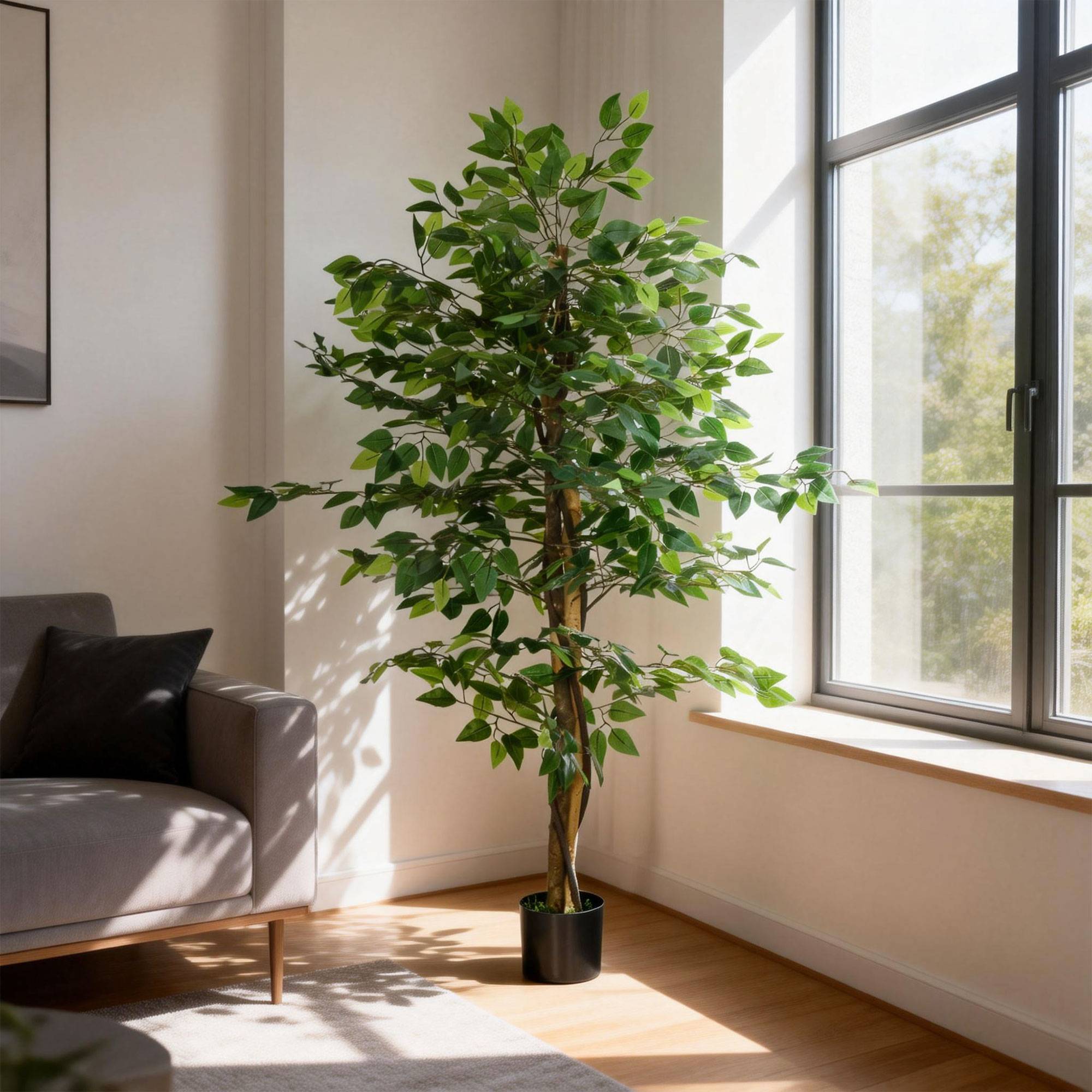 Plante Artificielle Ficus Plastique PEVA Déco Intérieur Tronc Réaliste 150cm Vert - ComfortXL Outdoor Living - Image 8