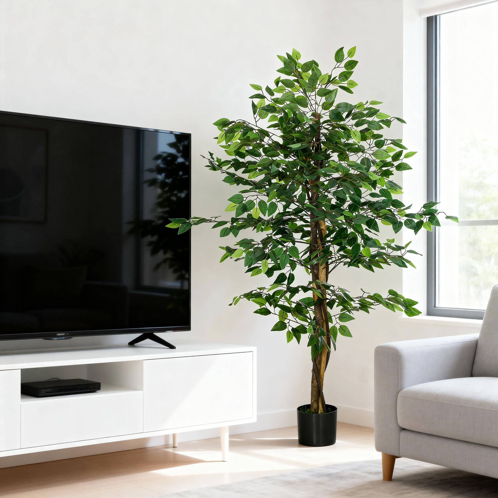 Plante Artificielle Ficus Plastique PEVA Déco Intérieur Tronc Réaliste 150cm Vert - ComfortXL Outdoor Living - Image 10