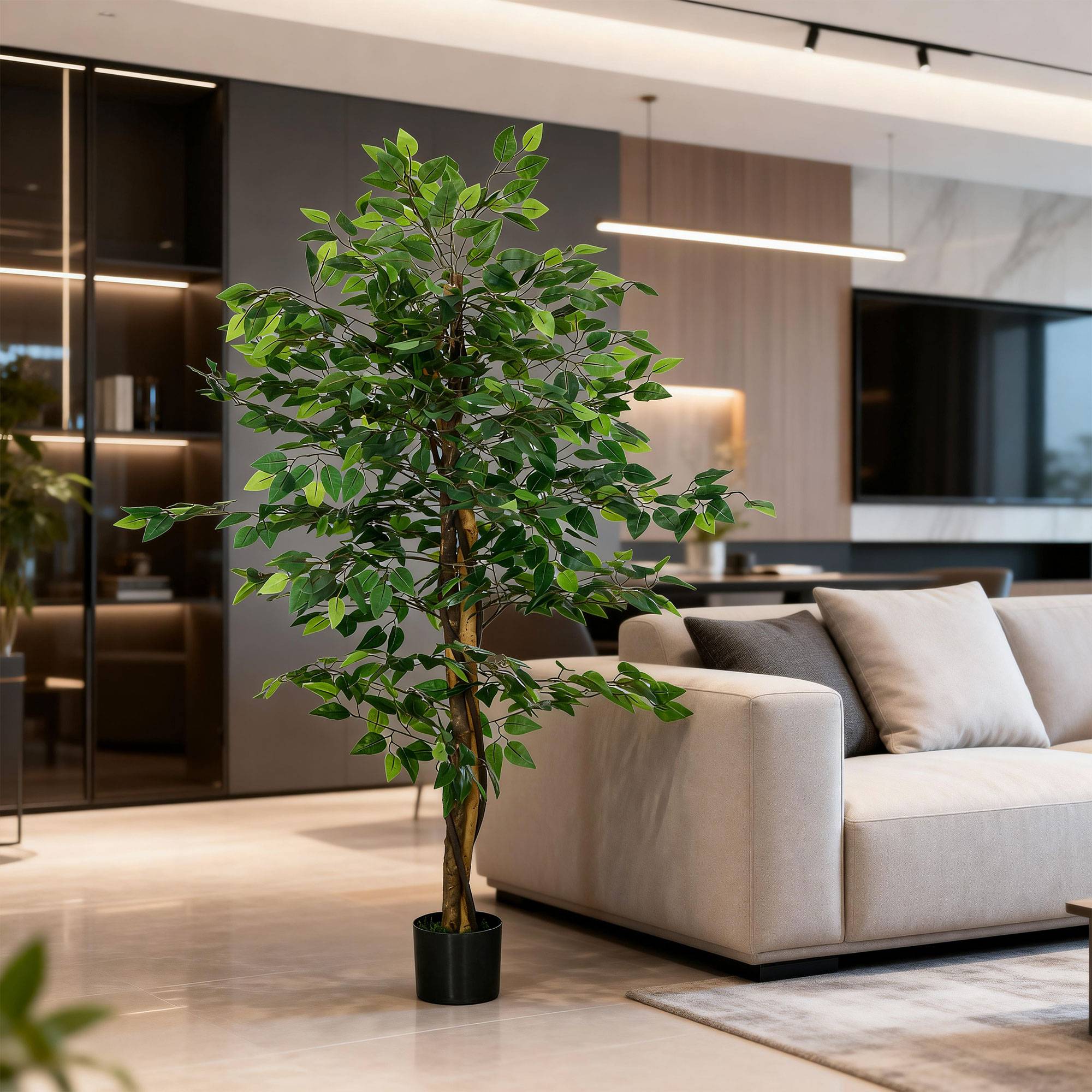 Plante Artificielle Ficus Plastique PEVA Déco Intérieur Tronc Réaliste 150cm Vert - ComfortXL Outdoor Living - Image 9
