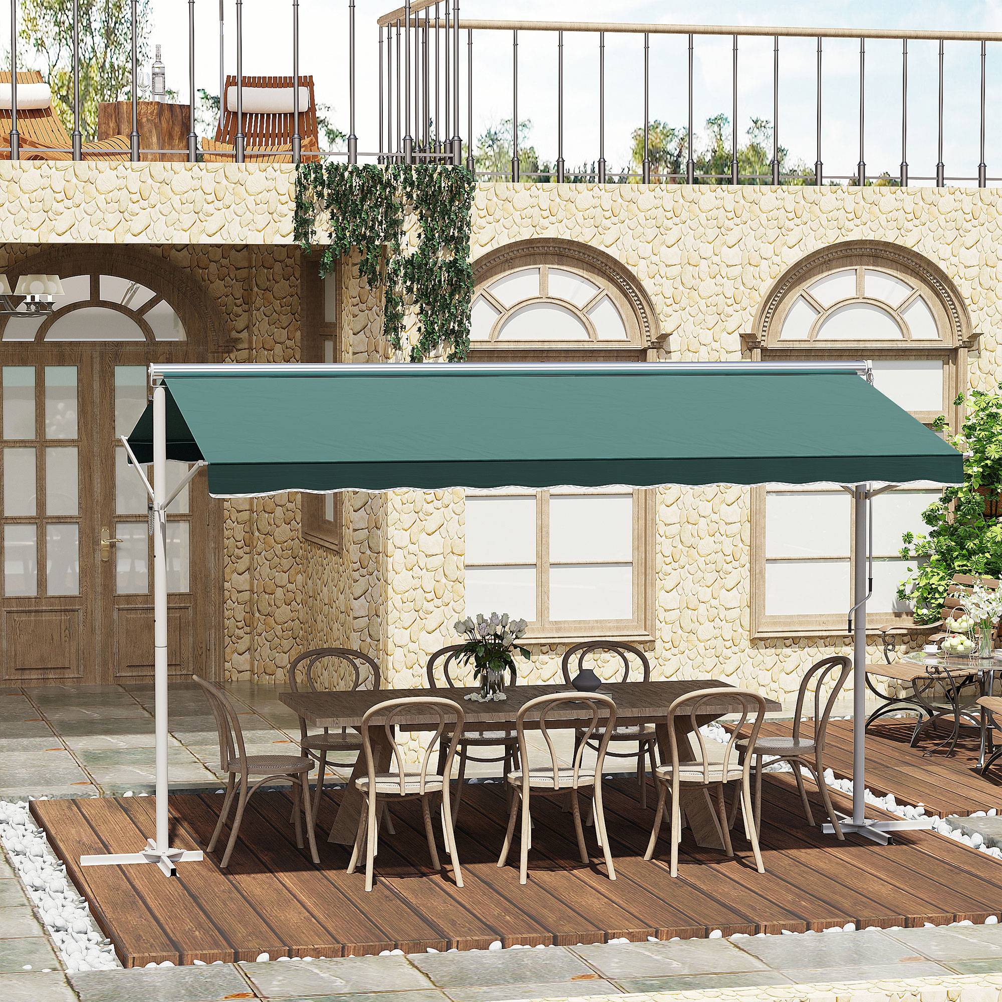 Store Double Pente 4 x 3 m Manuel rétractable Inclinaison réglable métal Polyester imperméabilisé Vert foncé - Image 3